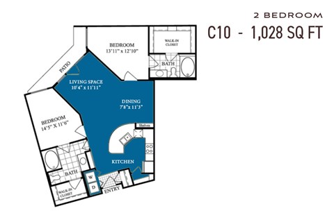 Floor plan for 2 beds, 2 baths, 1028 sqft